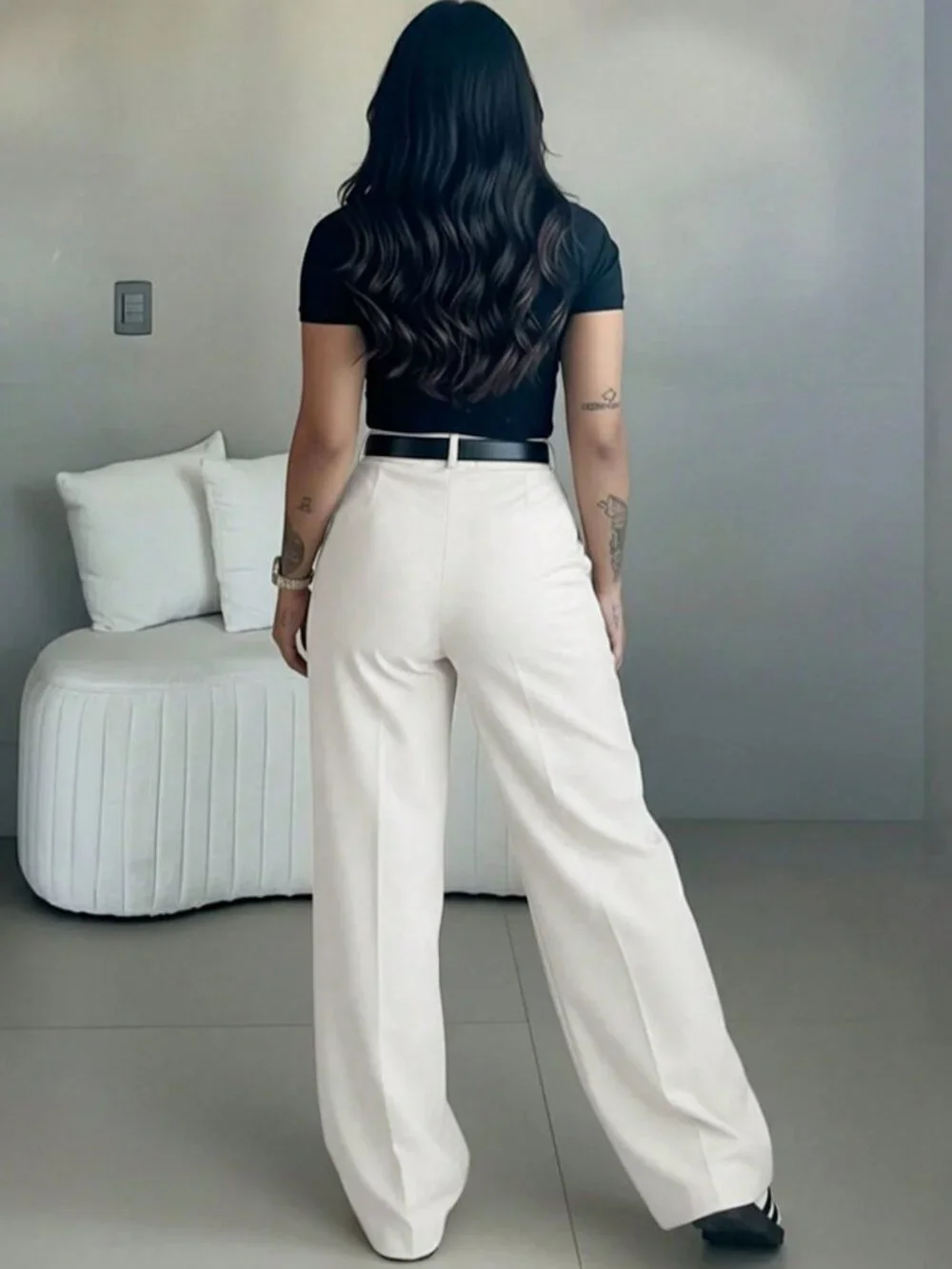White Elegant Women's High Waist Slim Fit Wide Leg Pants